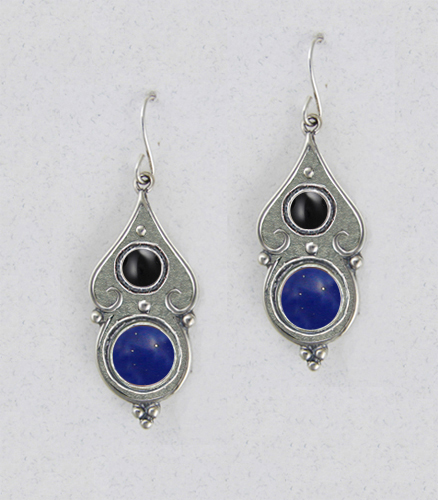 Sterling Silver Lapis Lazuli And Black Onyx Gemstone Drop Dangle Earrings